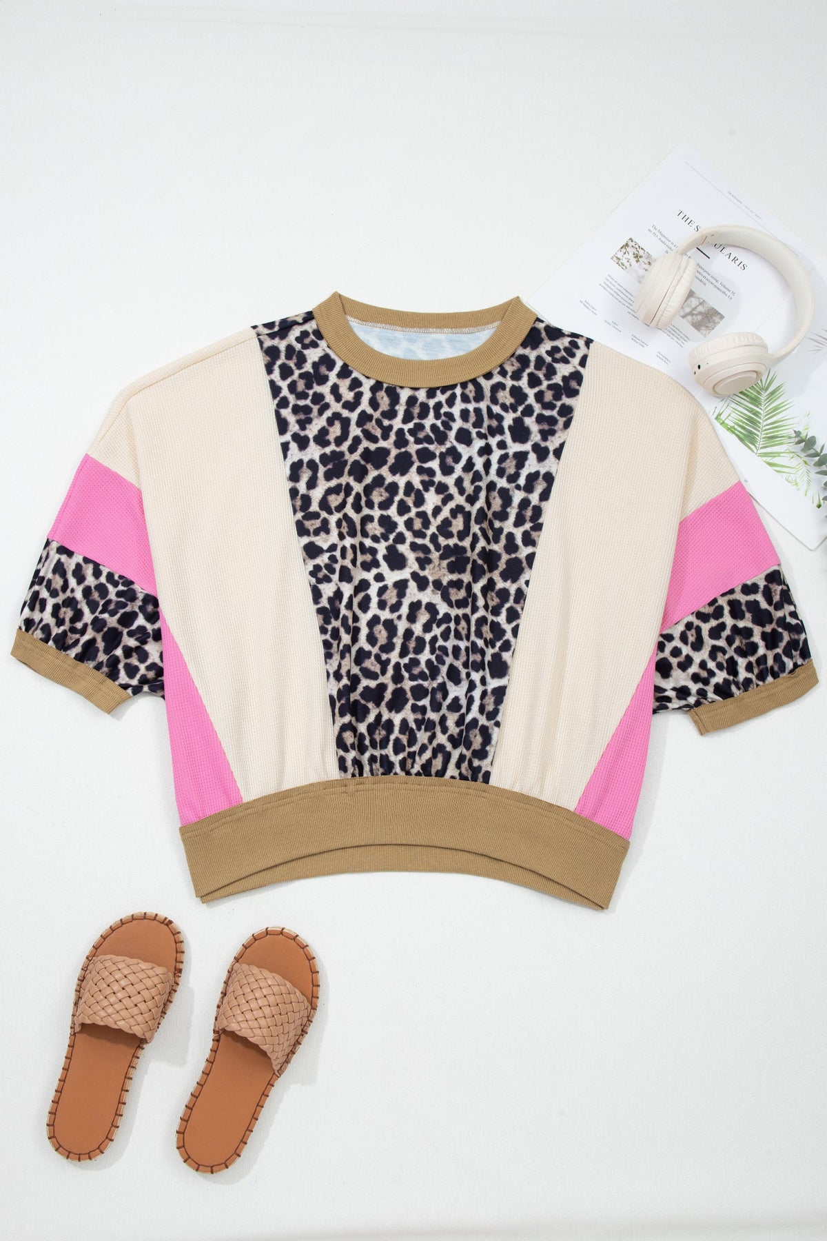 Leopard Colorblock Patchwork 3/4 Sleeve Top