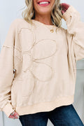 Beige Flower Pattern Round Neck Long Sleeve Plus Size Top