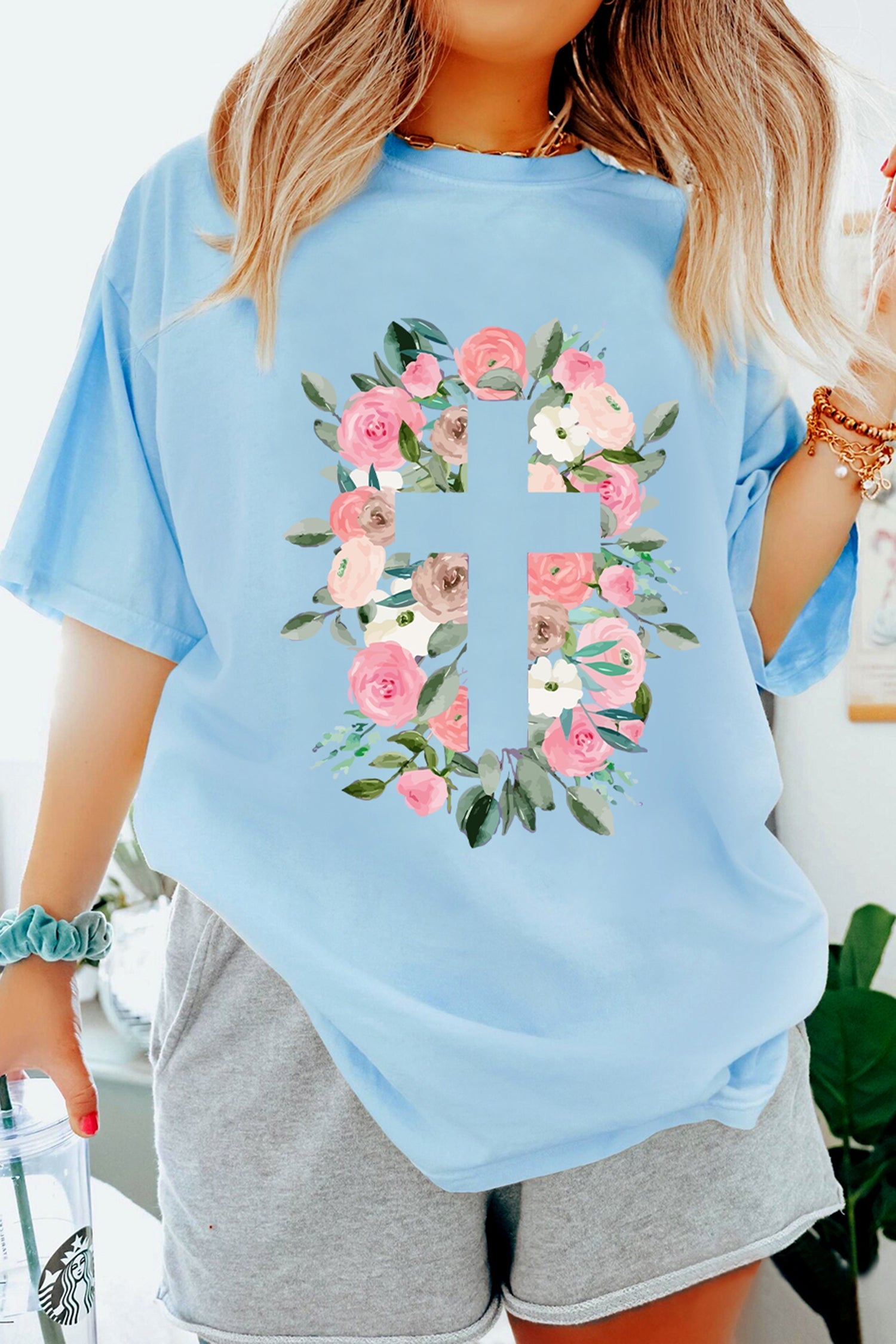 Light Blue Floral Printed Faith Easter Graphic Tee