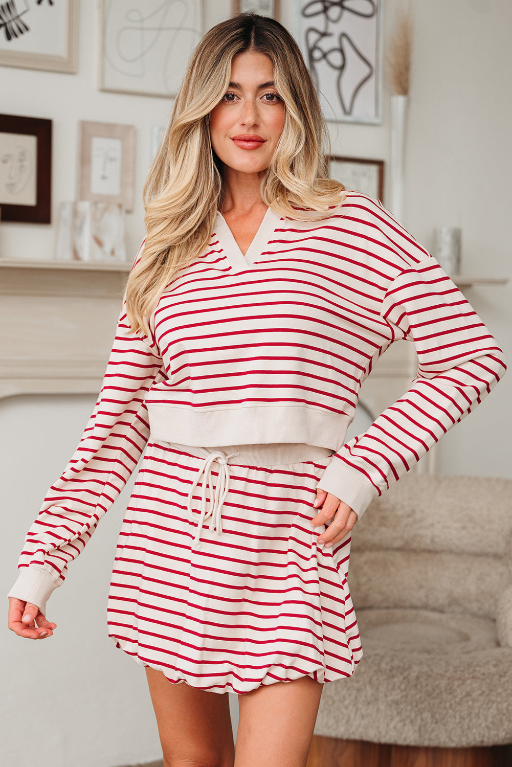 Women's Stripe Cropped Pullover and Bubble Mini Skirt Set