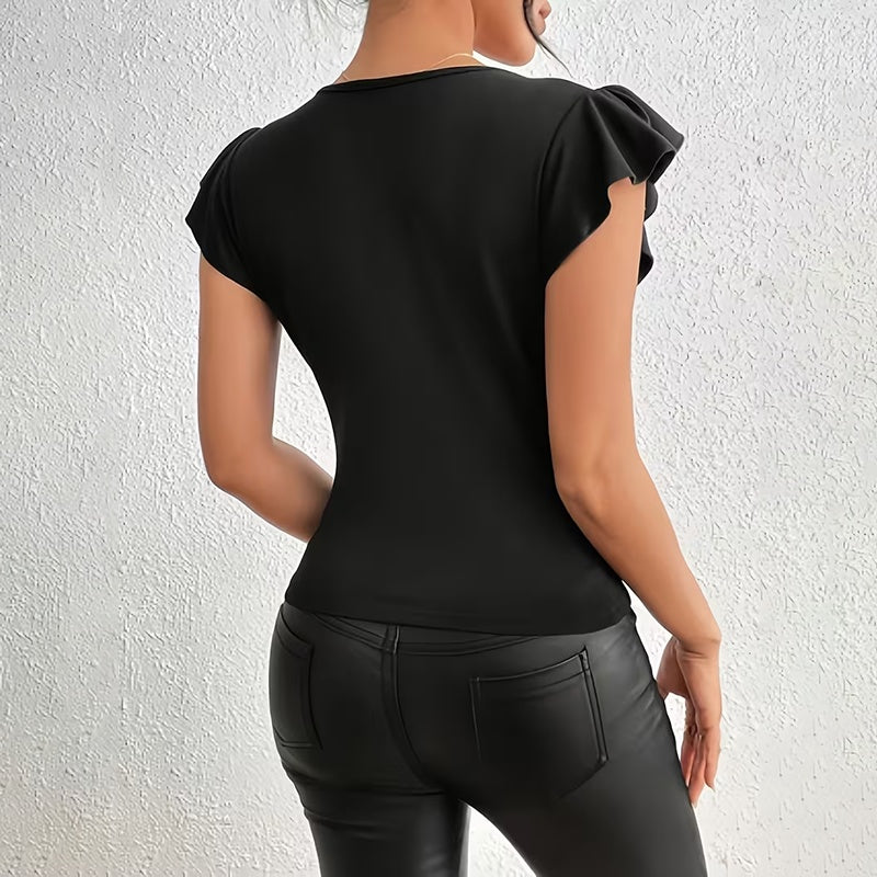 Women’s Black Ruffle Mesh Panel Top Short Sleeve Slim Fit Blouse - Image 8
