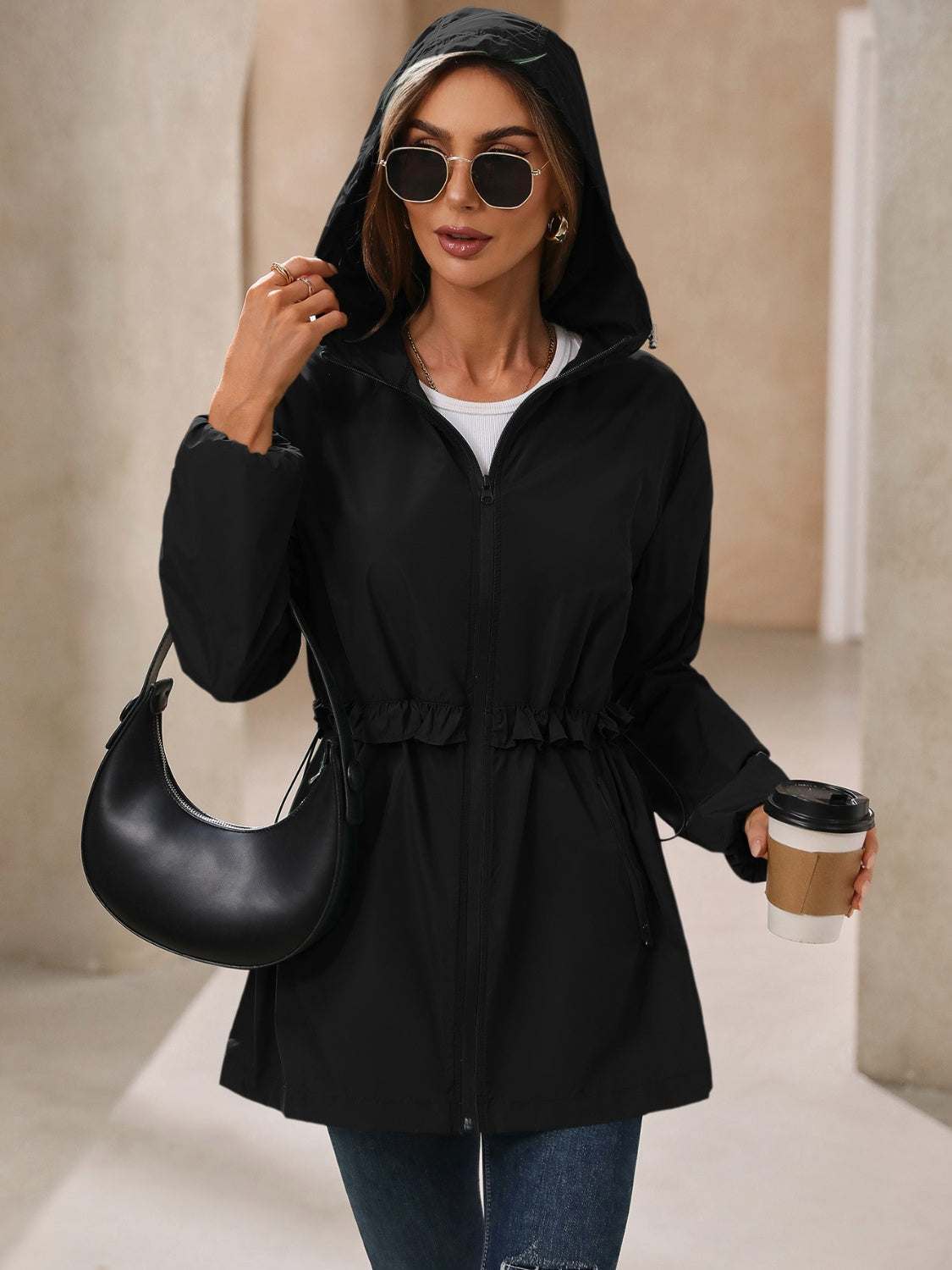 Women's Waterproof Hooded Windbreaker Jacket with Waist Detail - Image 30