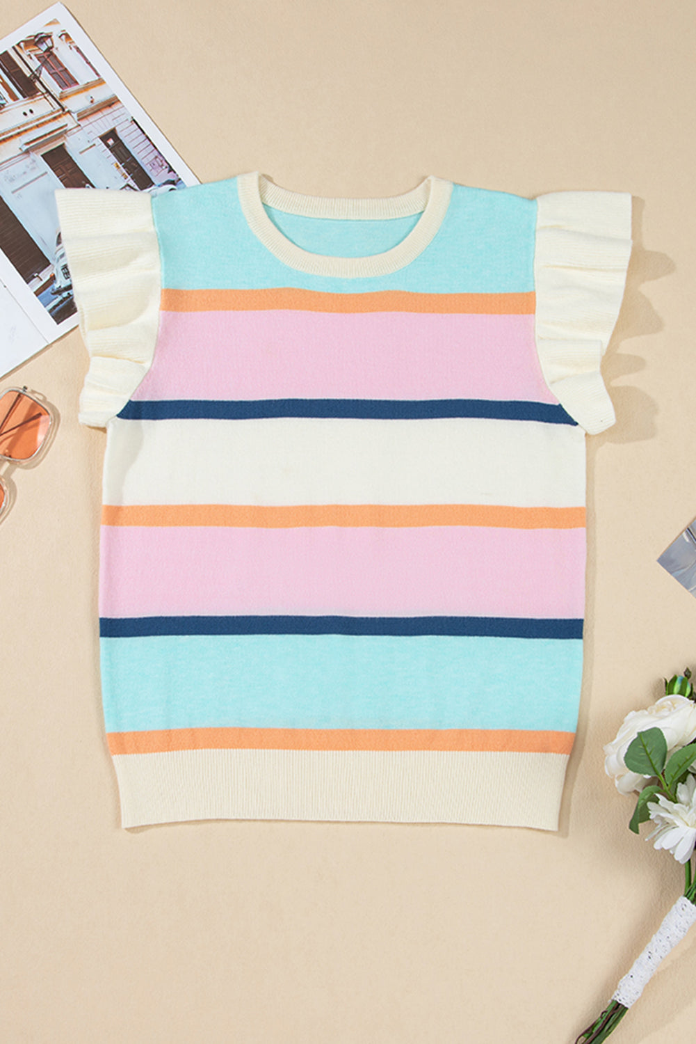 Yasmin Striped Flutter Sleeve Patchwork Knit Top - Image 7