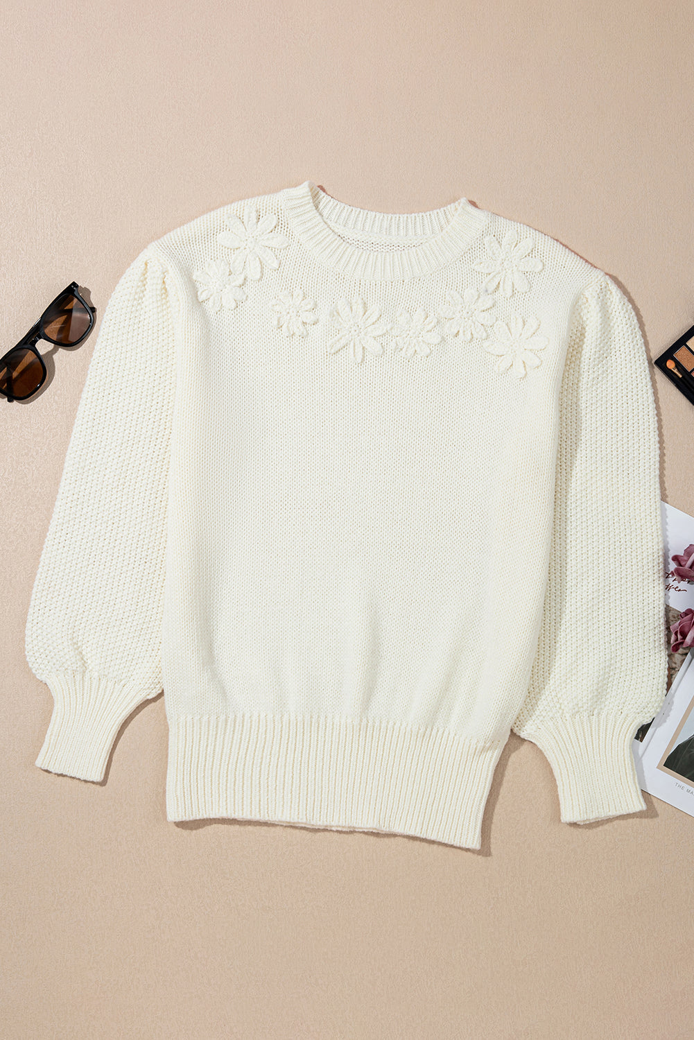 White Textured Puff Sleeve Sweater with Floral Applique Detail - Image 3