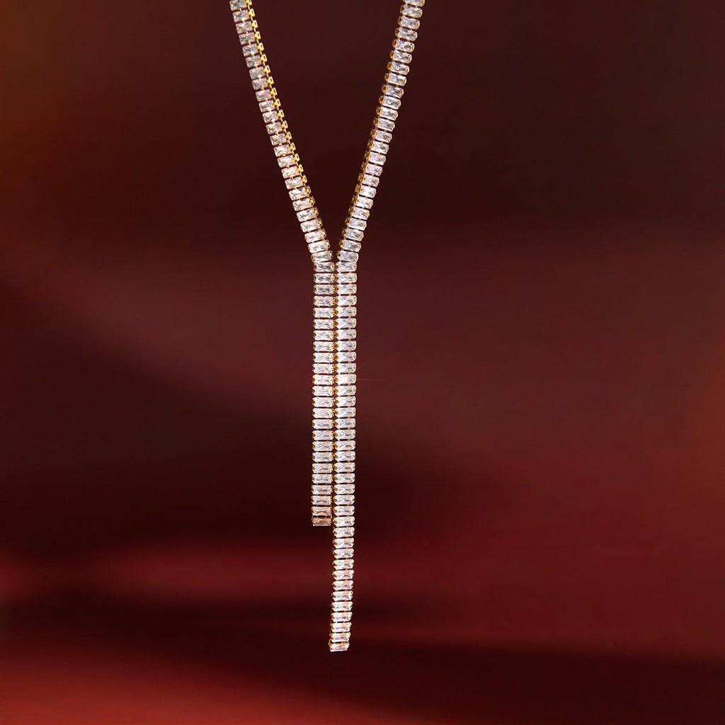 Modern Stainless Steel Zircon Y Necklace in Gold and White