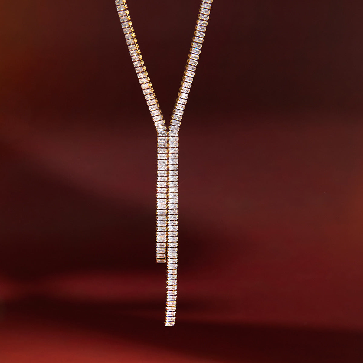 Modern Stainless Steel Zircon Y Necklace in Gold and White