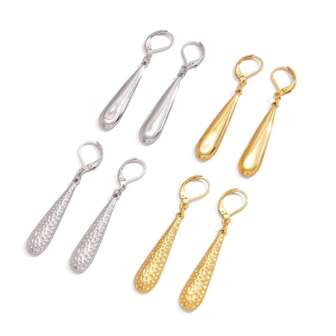 Minimalist teardrop earrings in polished 18K gold on a neutral background