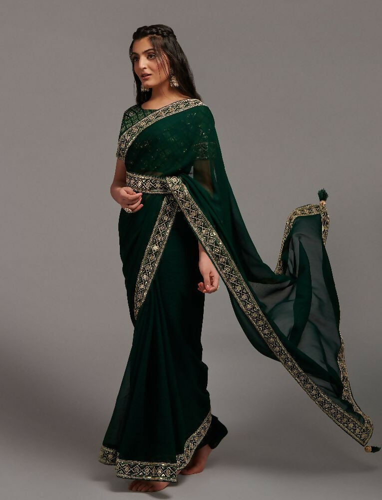 Green Zometo Embroidery Lace Saree for Special Occasions