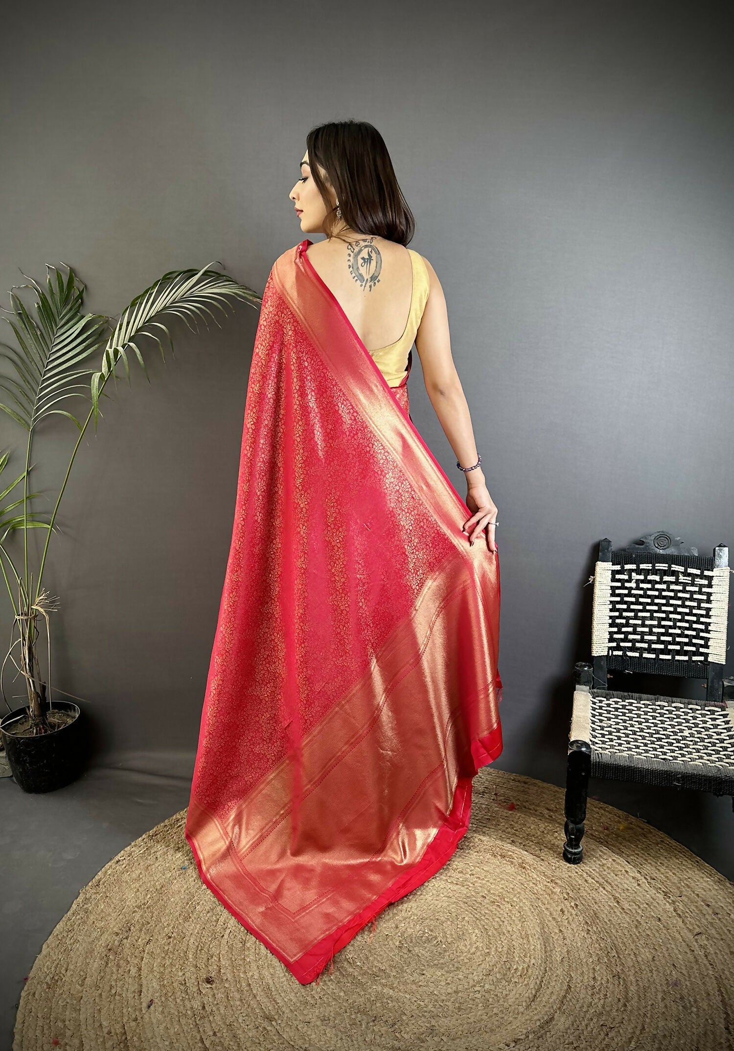 Red Soft Satin Silk Kanchipuram Saree with Floral & Ethnic Motifs