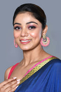 Elegant Kundan and Pearl drop earrings in gold, white, and pink tones
