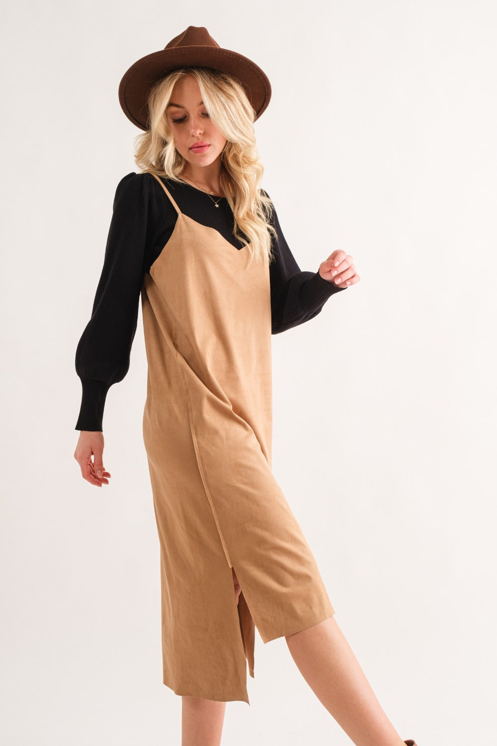 Tan Faux Suede Cami Midi Dress with Slit Detail