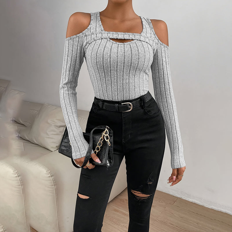 Women's Ribbed Long Sleeve Cold Shoulder Cut-Out Fitted Top - Image 8