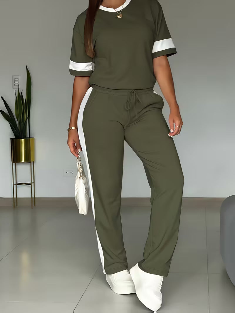 Women's Short Sleeve Color-Block Contrast 2-Piece Pants Set