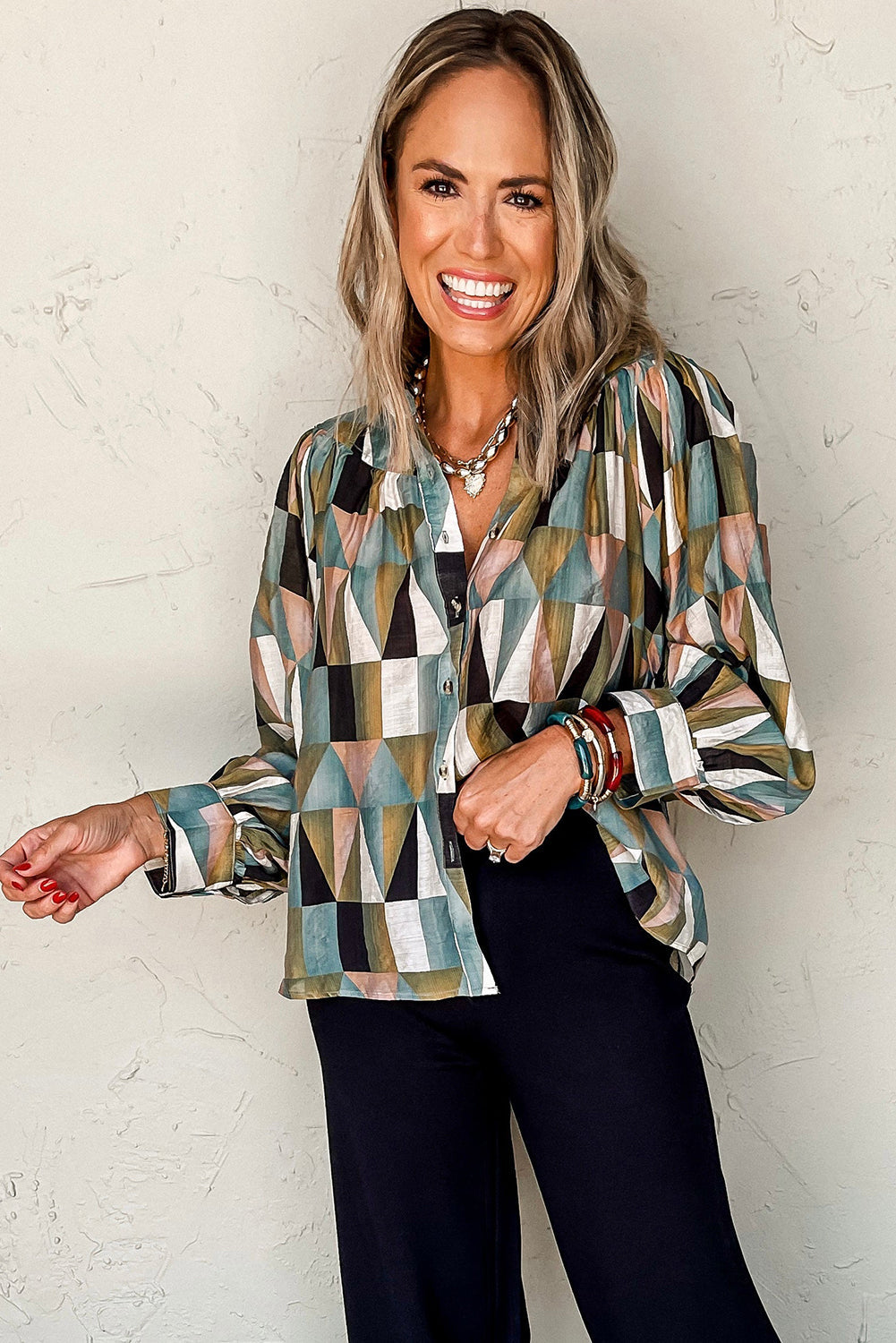 Green Geometric Print Balloon Sleeve Shirt | Loose Fit