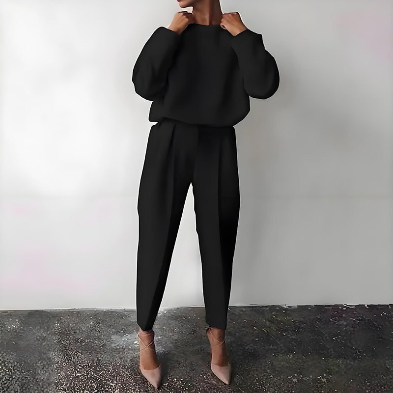 Women’s Solid Color 2-Piece Long Sleeve Top and Pleated Pants Set - Image 6