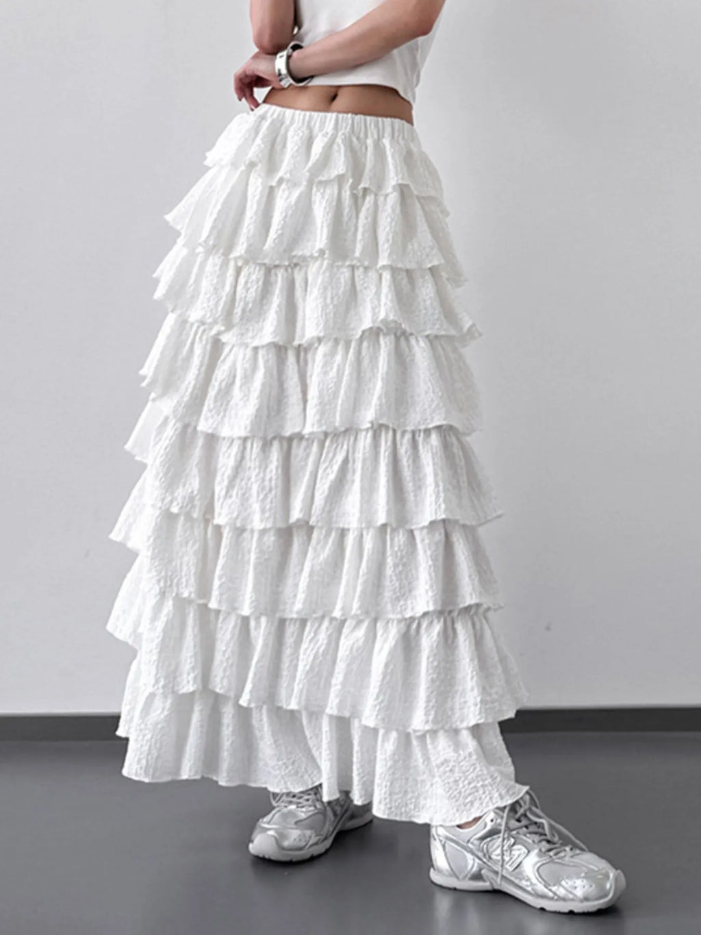 White Ruffle Layered Maxi Skirt Bohemian Tiered Skirt - Image 4