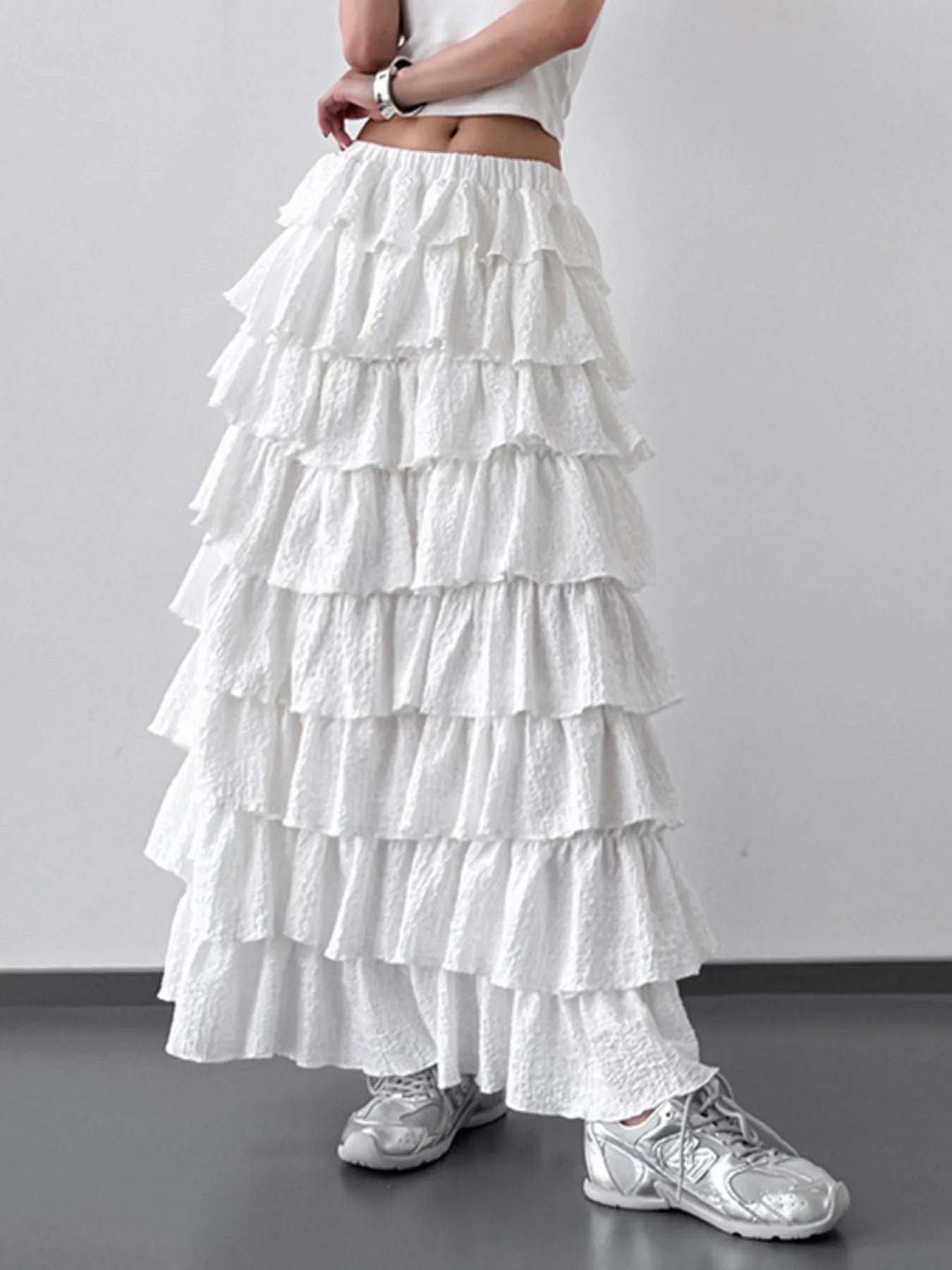 White Ruffle Layered Maxi Skirt Bohemian Tiered Skirt - Image 4