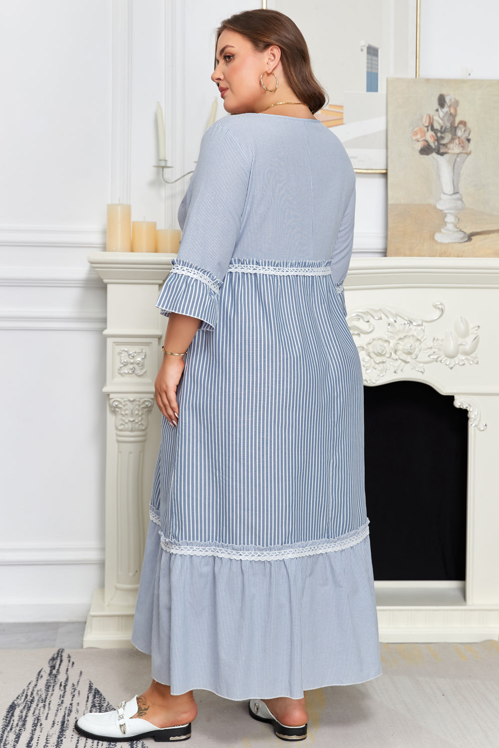 Plus Size Stripe Patchwork Lace Trim 3/4 Sleeve Maxi Dress