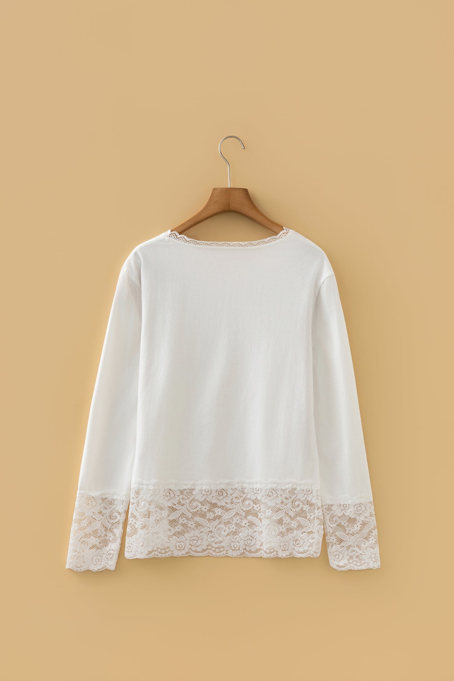 White Lace Trim V Neck Cuffed Long Sleeve Loose Top