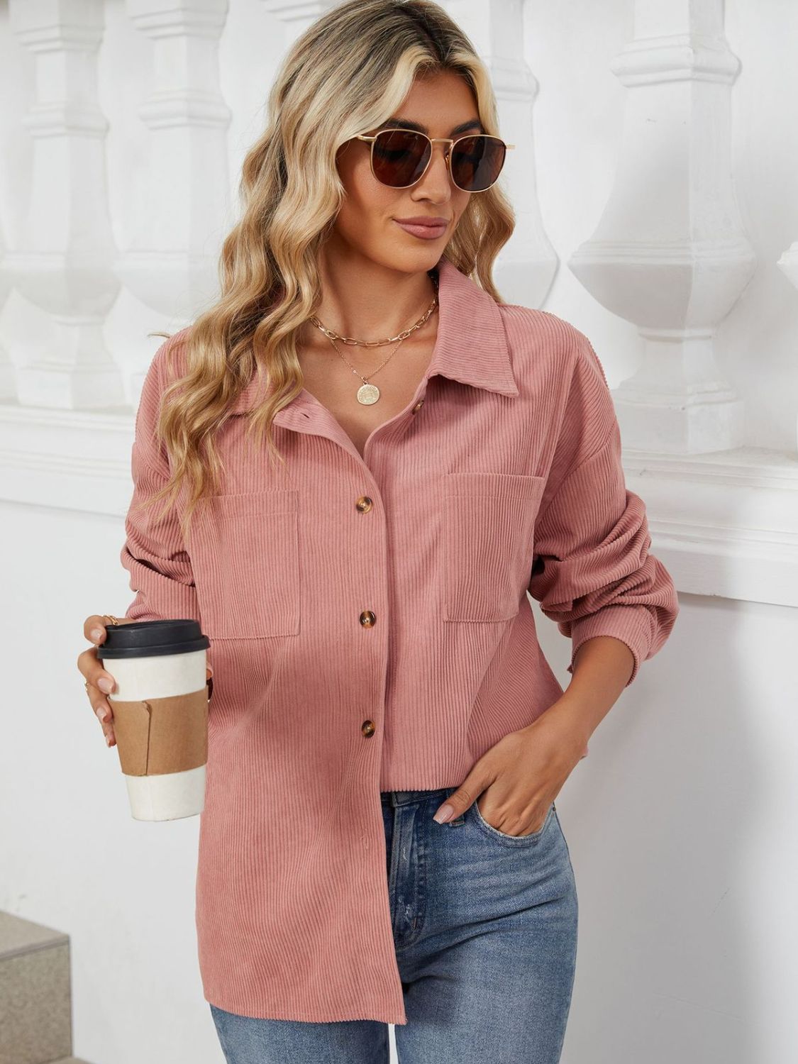Rayon Button Up Dropped Shoulder Long Sleeve Shirt