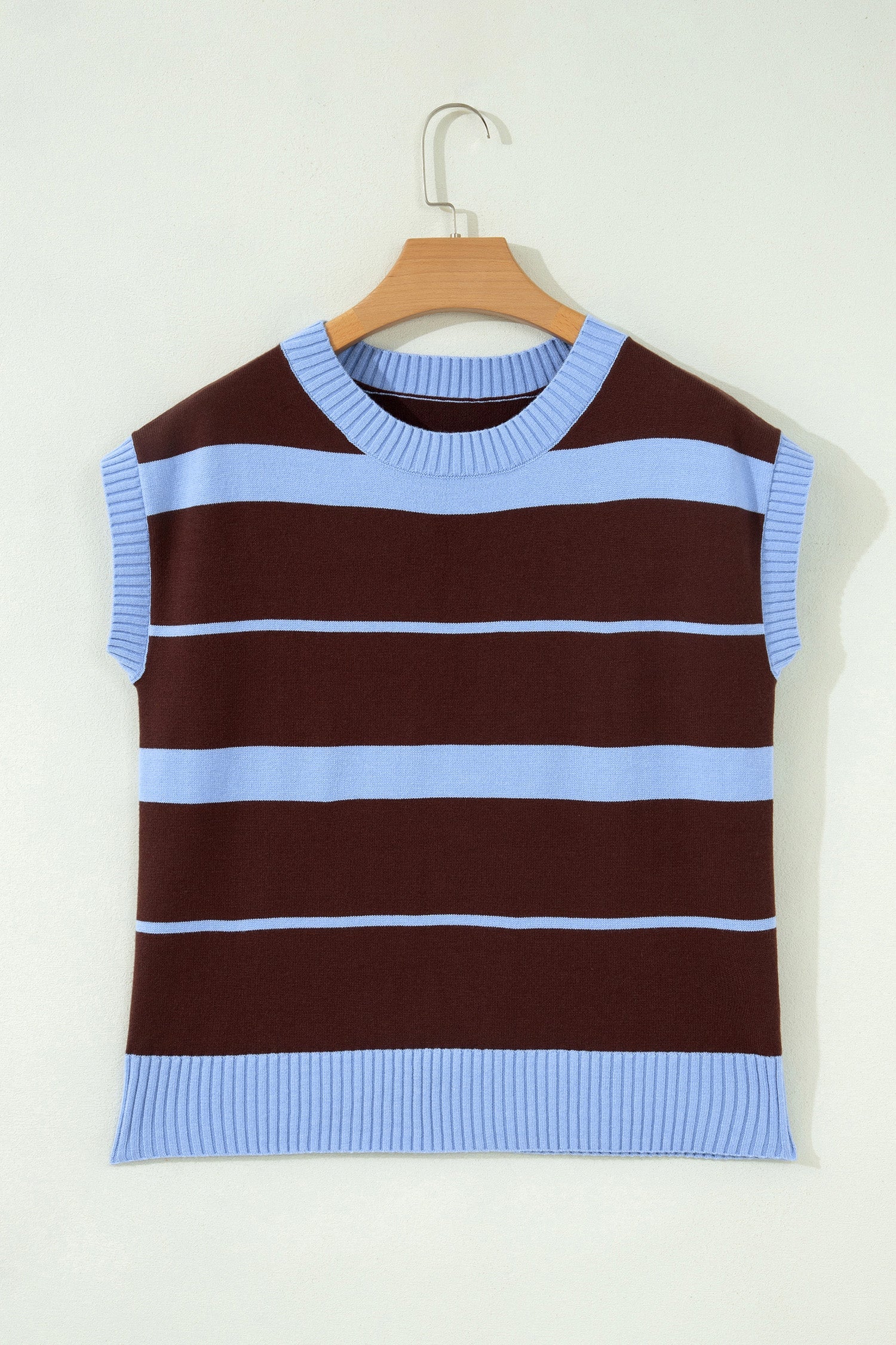 Striped Short Sleeve Knit Top in Brown and Light Blue