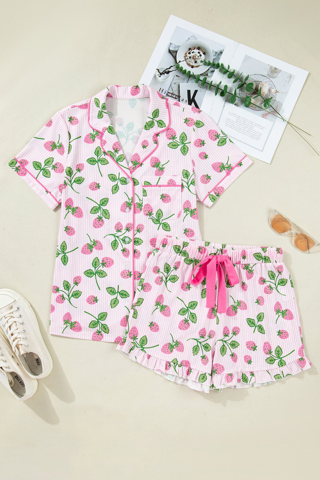 Strawberry Stripe Lapel Shirt & Drawstring Shorts Loungewear Set