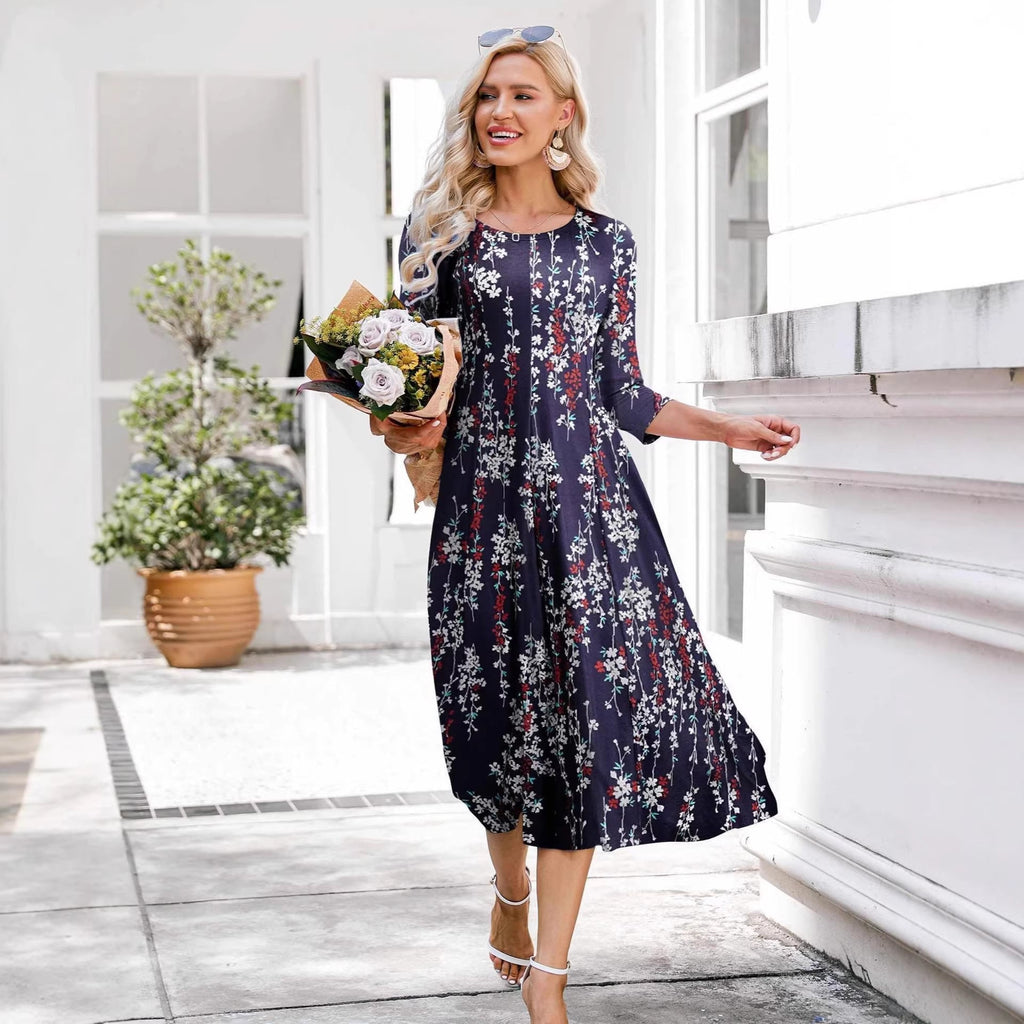 Women’s Floral Print Midi Dress with Three-Quarter Sleeves - Image 2