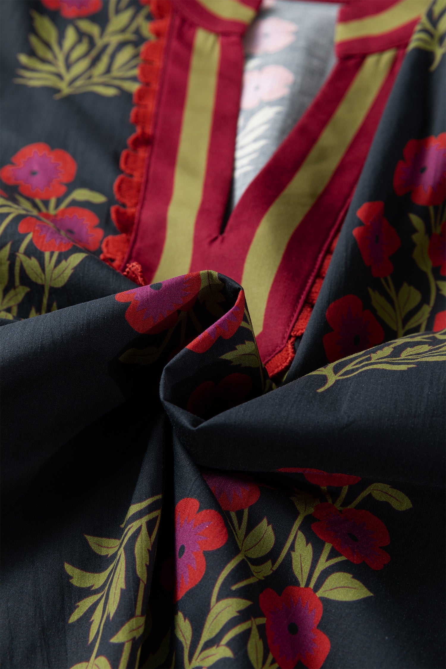 Zoe Floral Contrast Slit Neckline Blouse with Puff Sleeves
