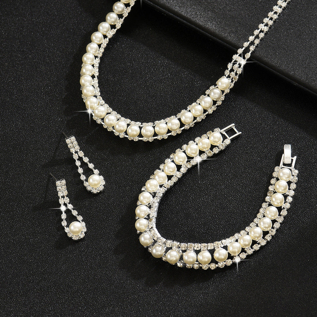 European And American Jewelry Wedding Dress Dinner Photography Accessories Pearl Rhinestone Chain Necklace Earrings Bracelet Three-Piece Set