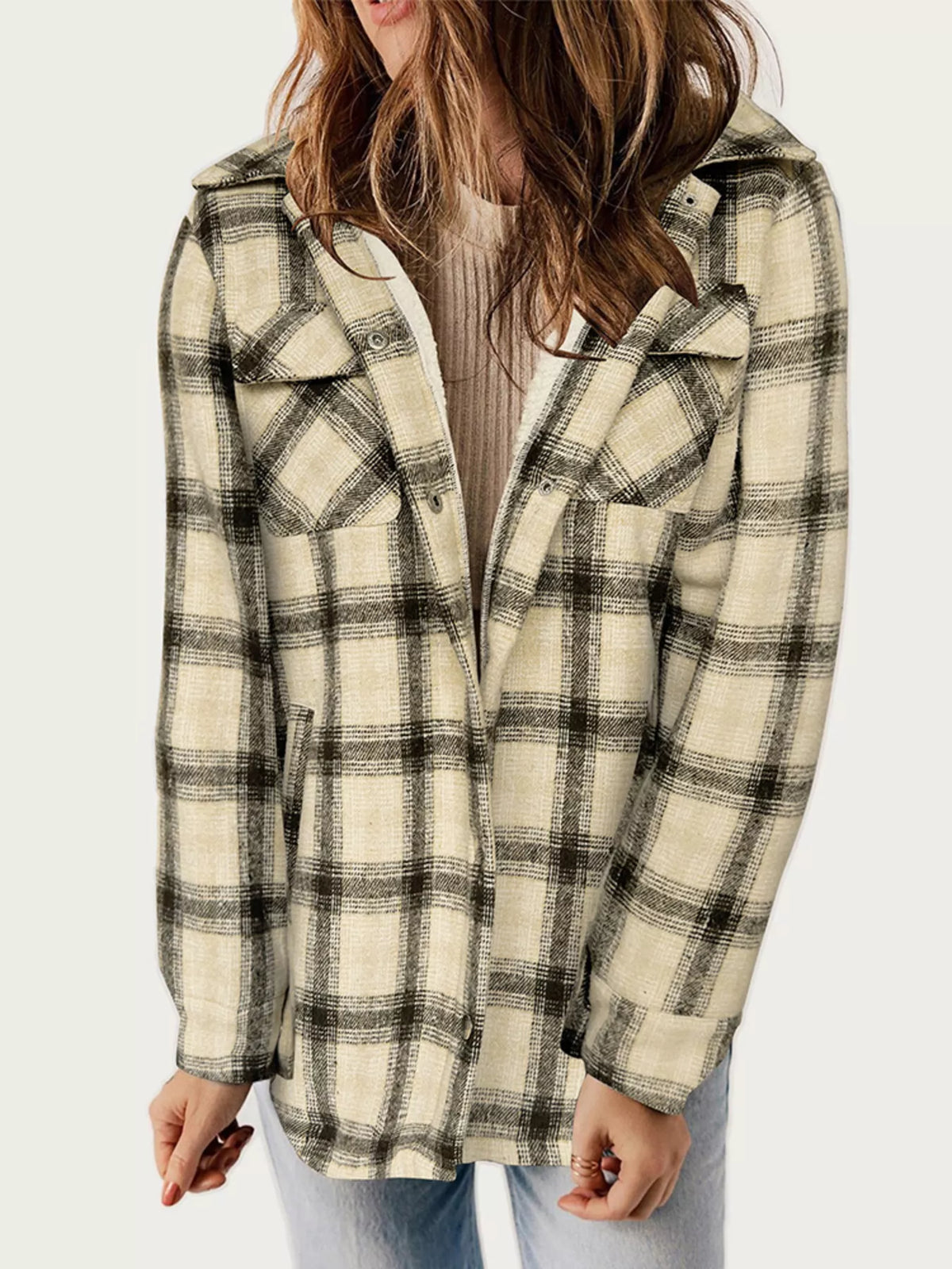 Oversized Plaid Long Sleeve Fleece Jacket