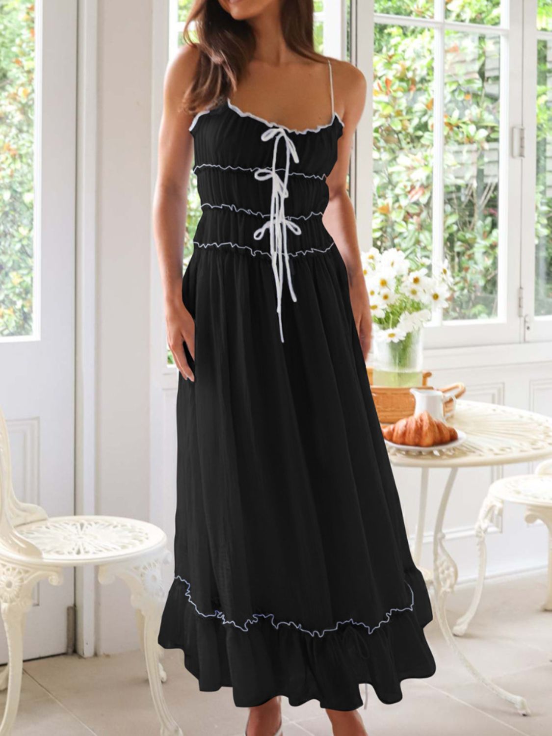 Girls Vintage Ruffled Hem Midi Dress with Tied and Ruched Detail
