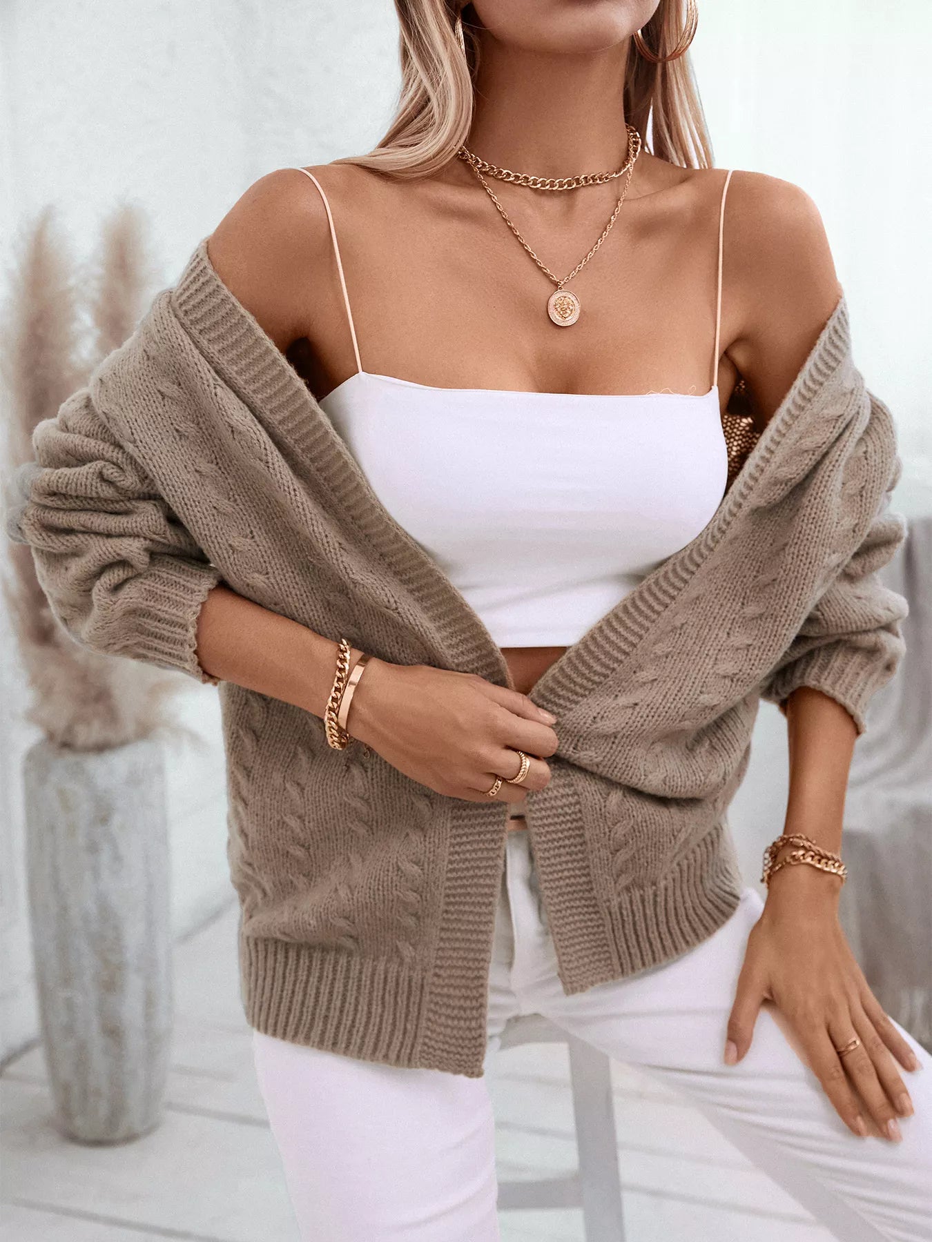 Women's Beige Cable Knit Open Front Hooded Cardigan Sweater