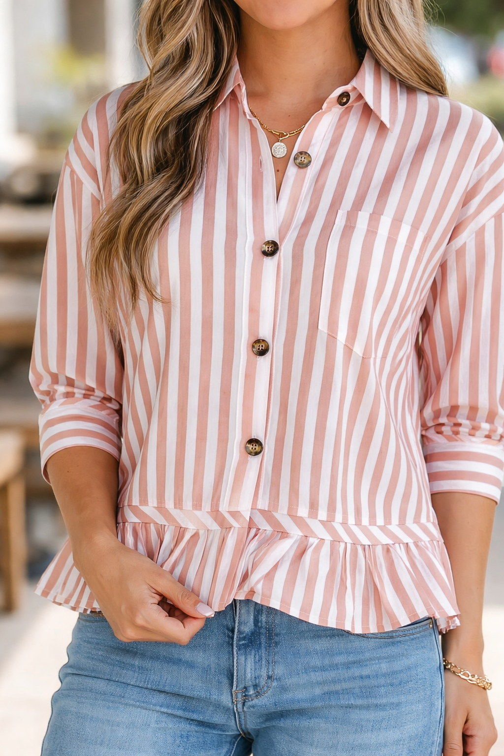 Tiffany Striped Sleeve Ruffle Hem Shirt for Women