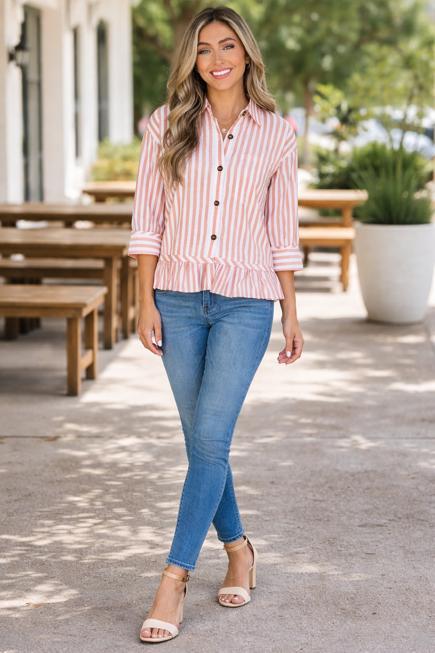 Tiffany Striped Sleeve Ruffle Hem Shirt for Women
