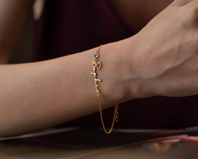 Personalized Cursive Name & Birthstone Bracelet Minimalist Jewelry