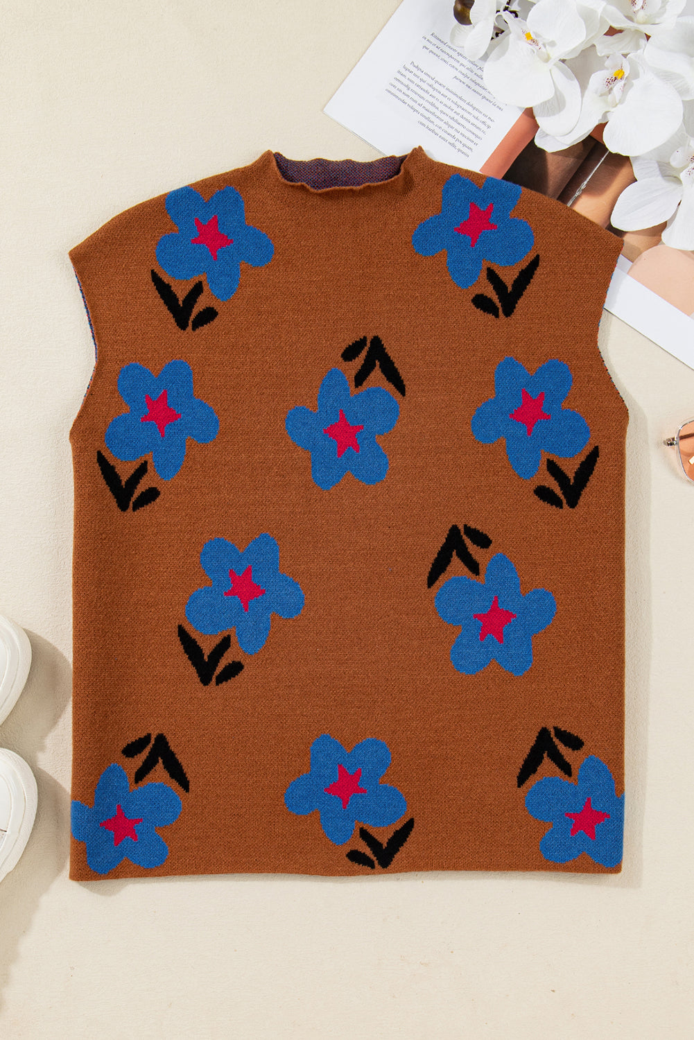 Floral High Neck Sweater Vest