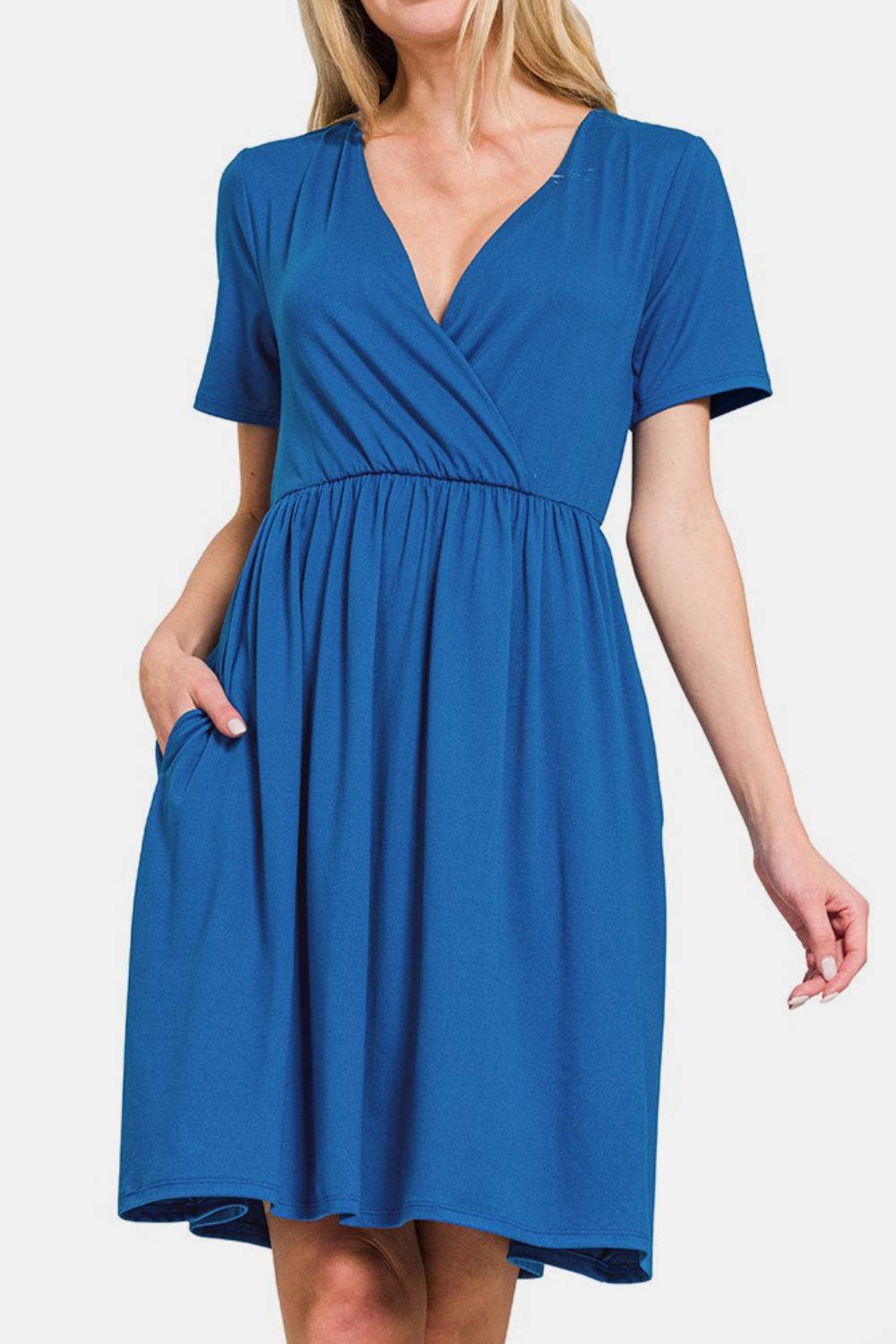 Surplice Short Sleeve Brushed DTY Midi Dress