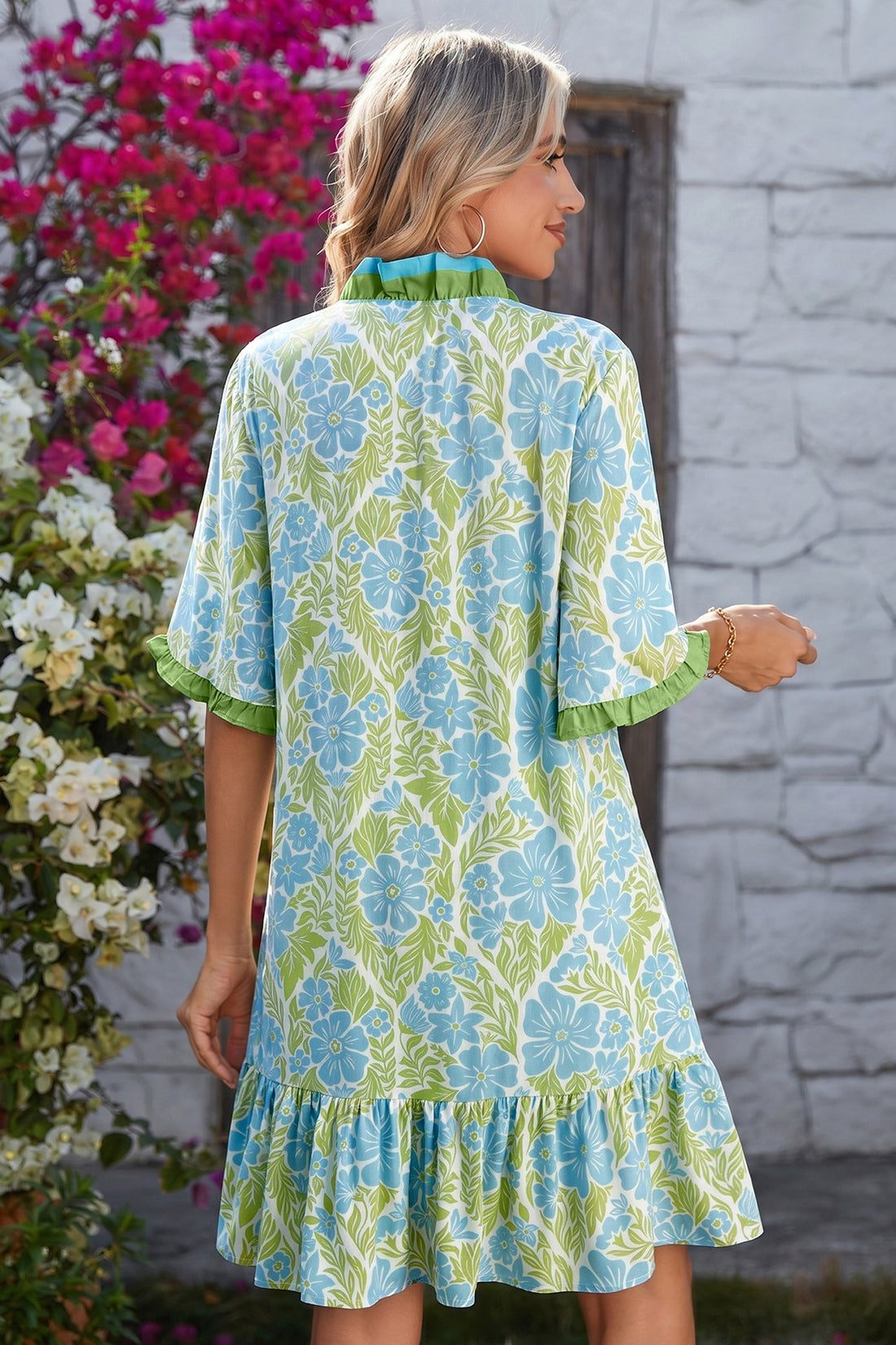 Maren Trim Front Mini Dress – Bohemian Floral V-Neck Shift Dress