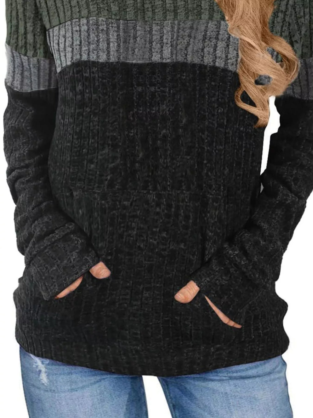 Full Size Color Block Ribbed Knit Hoodie Plus Size