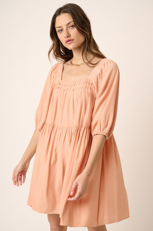 Pintuck Tie Back Mini Dress - Romantic Solid Cotton Summer Dress