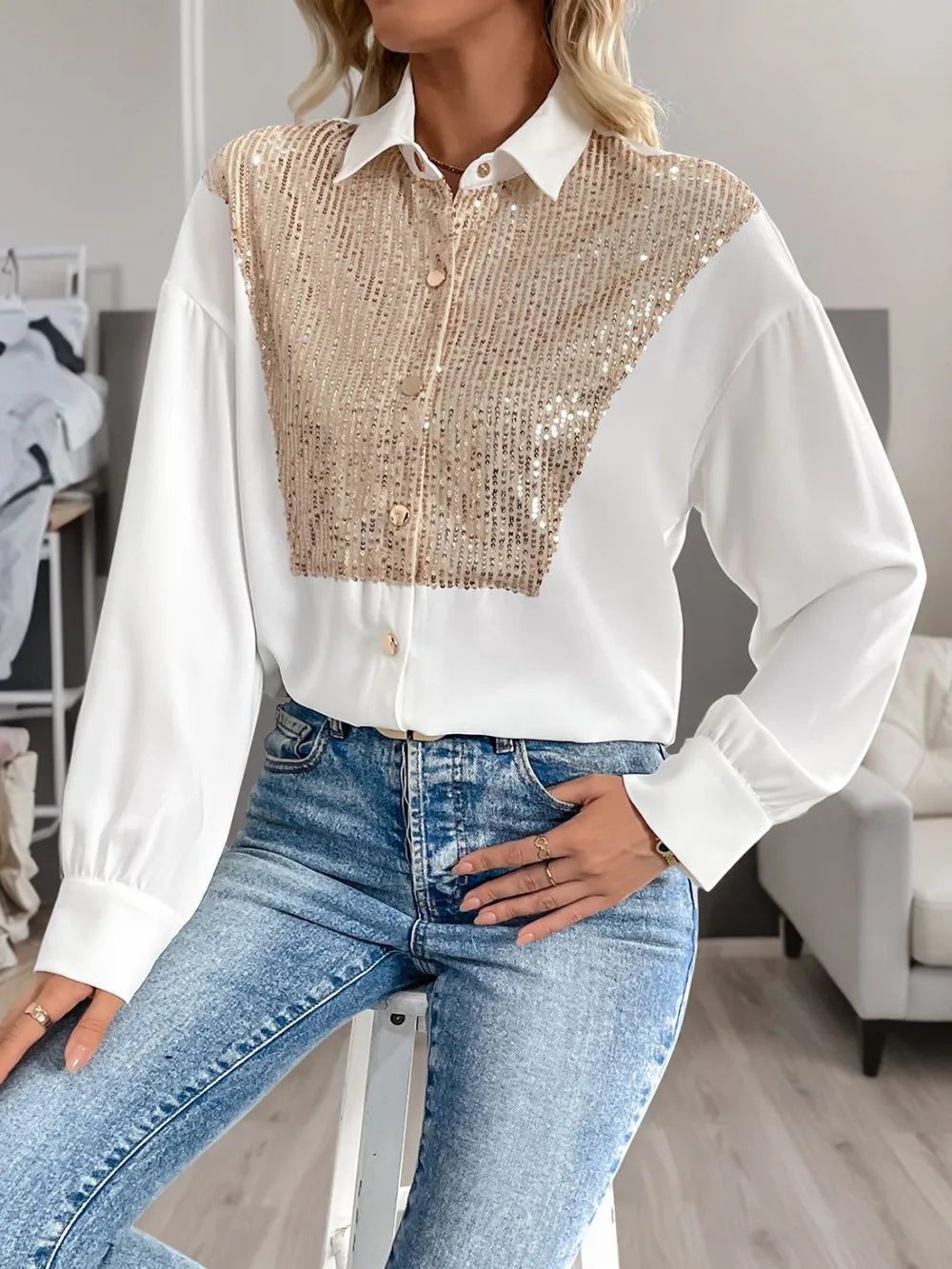 White Long Sleeve Button Down Shirt with Gold Sequin Contrast