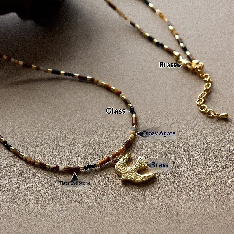Tiger's Eye Bird Pendant Necklace Handmade Bohemian Brass Jewelry