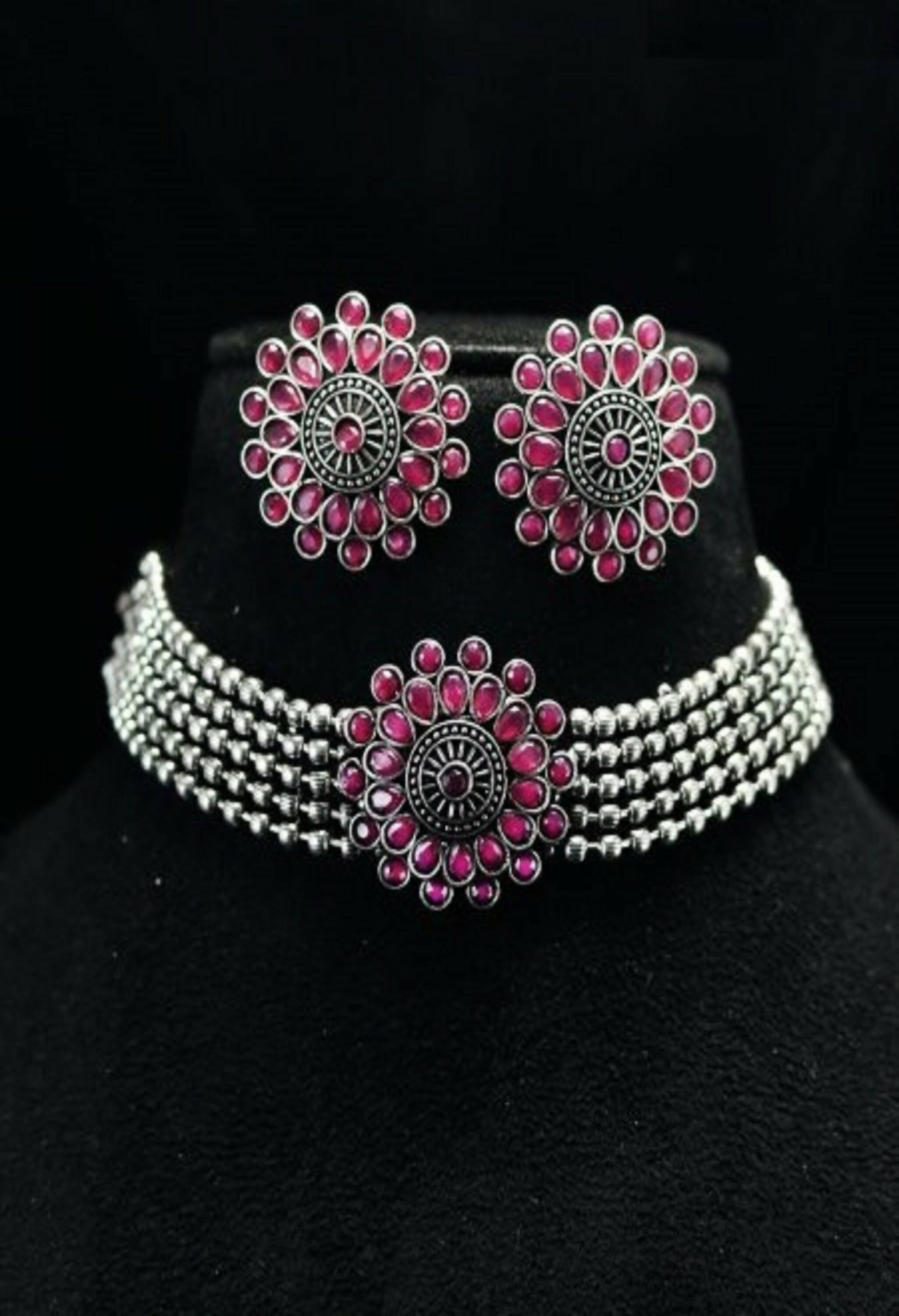 Pink Kundan Oxidised Silver-Plated Brass Finish Choker