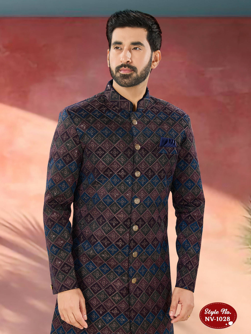 Men's Blue Velvet Indo-Western Kurta Set with Sequence Embroidery