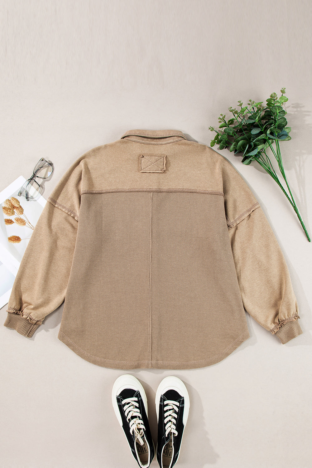 Solid Mineral Wash Waffle Knit Patchwork Shacket