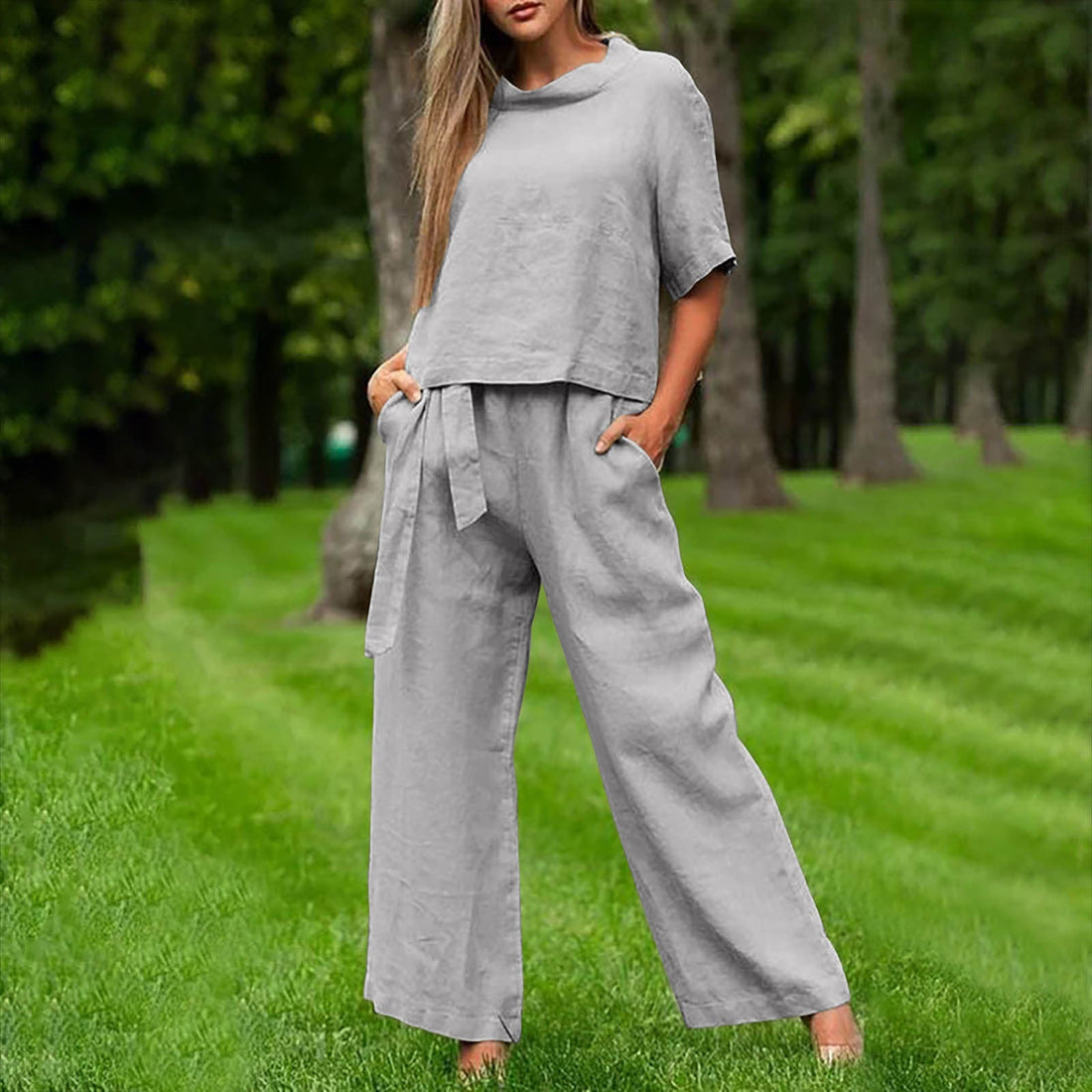 Women's Round Neck 3/4 Sleeve Top and Wide Leg Pant Set - Image 2
