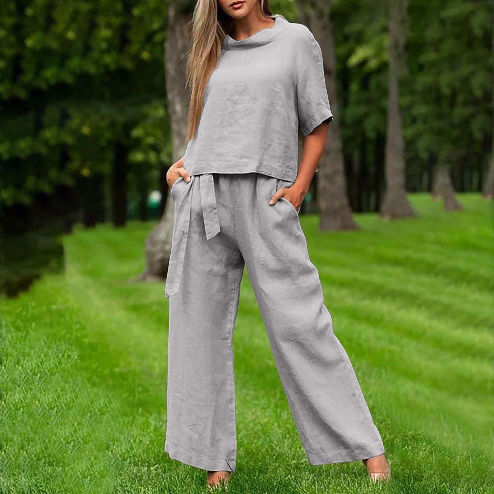 Women's Round Neck 3/4 Sleeve Top and Wide Leg Pant Set - Image 2