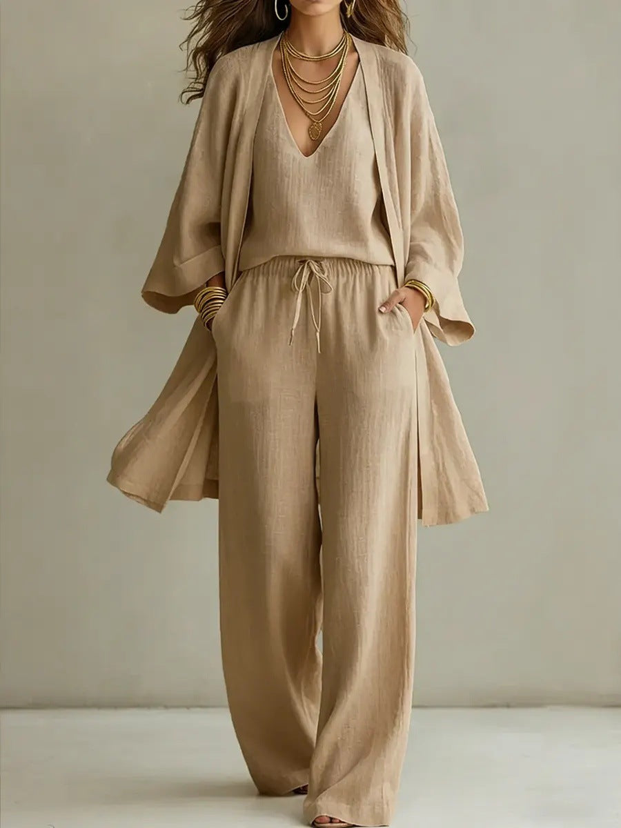 Women's 3-Piece V-Neck Cardigan, Vest and Wide Leg Pant Set - Image 6