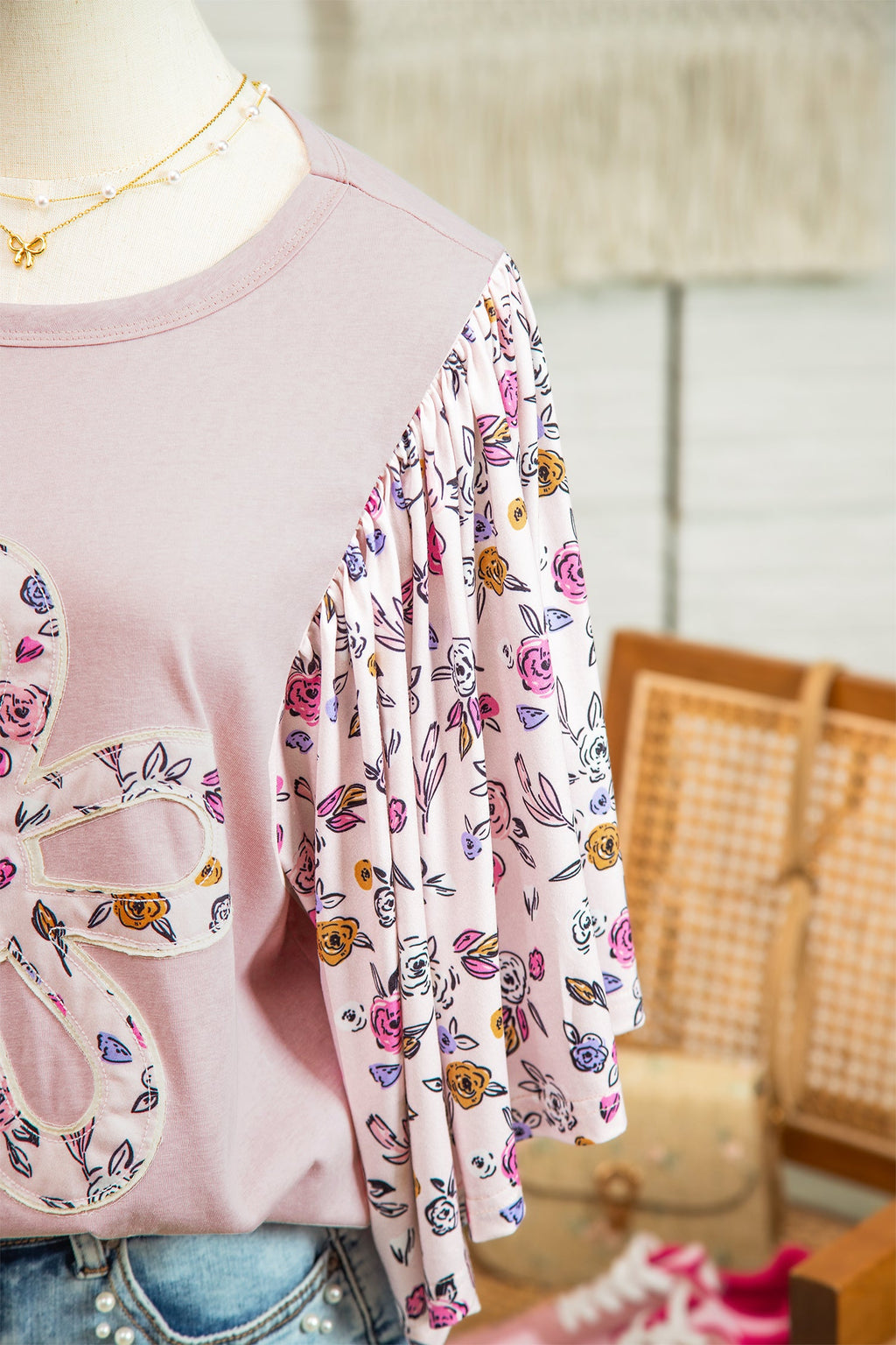 Pink Floral Patchwork Blouse with Flowy Half Sleeves
