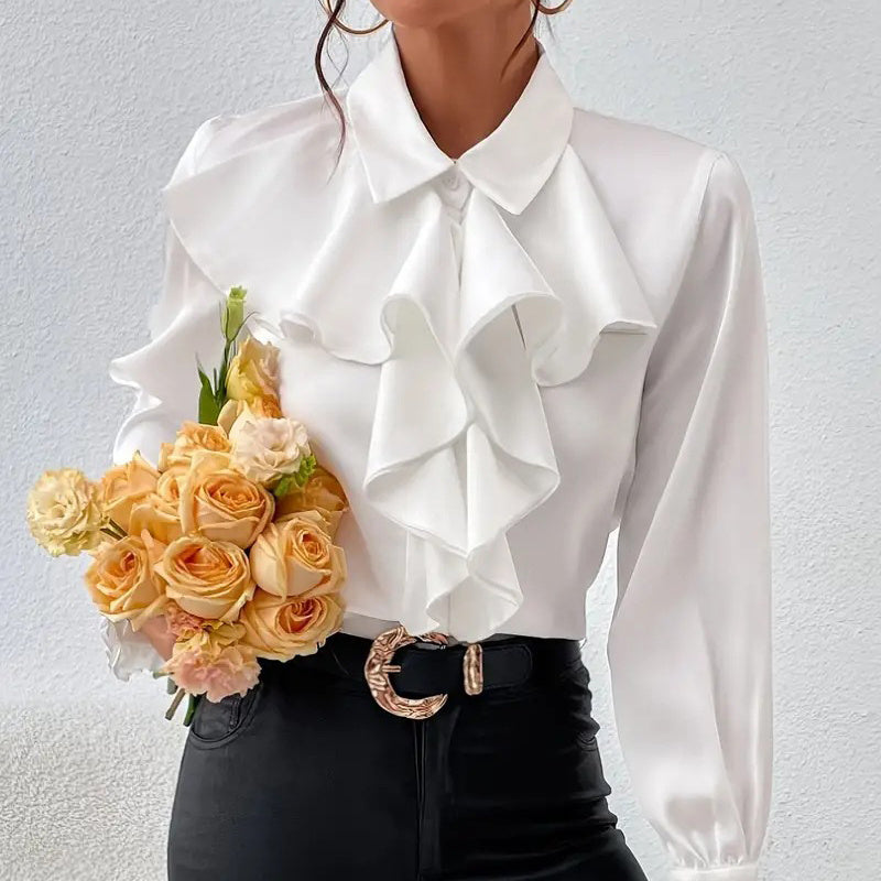 Women Ruffled Collared Long Sleeve Blouse Dressy Work Top